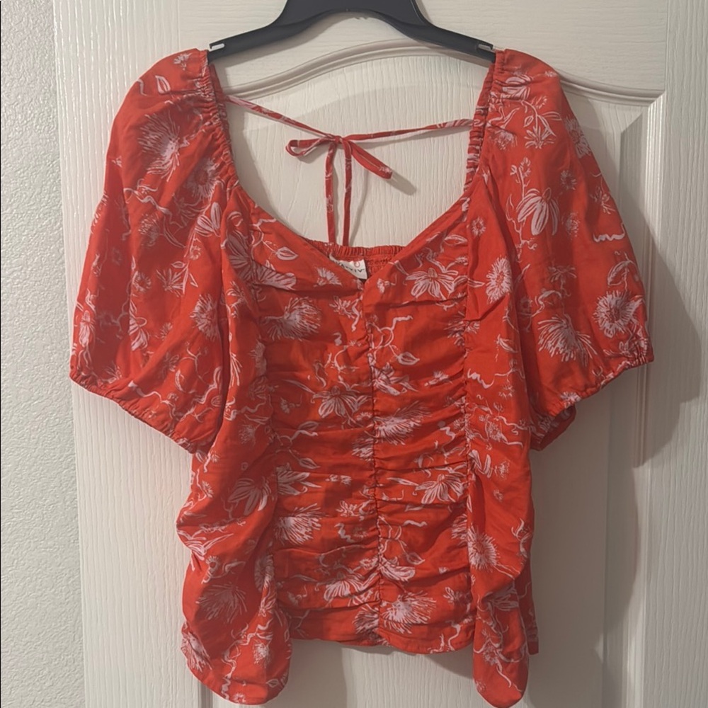 Ava & Viv Orange Red Puff Sleeve Ruched Blouse